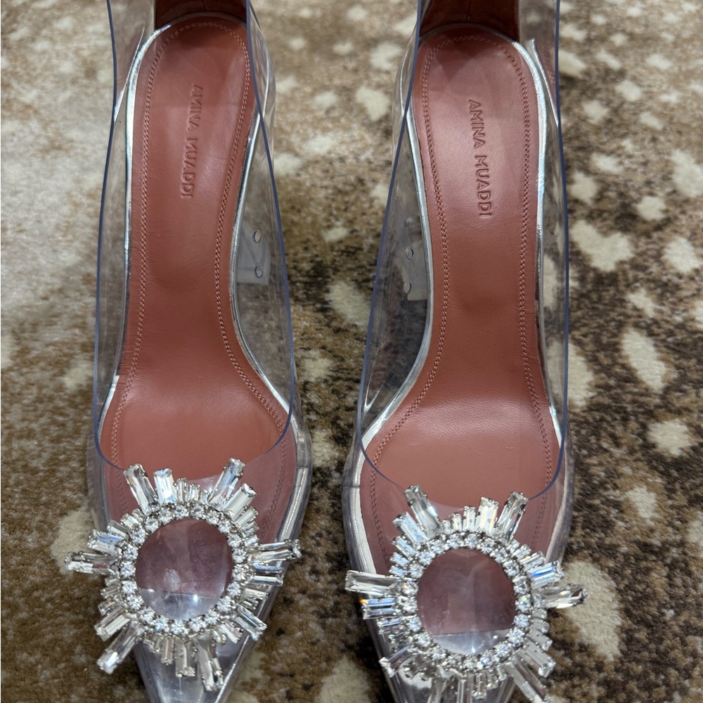 Amina Muaddi Clear Heels with Crystal Accents